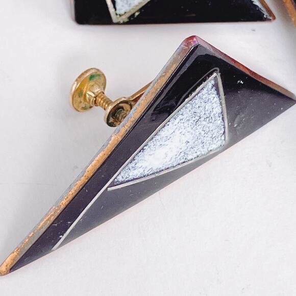 VTG MCM Enamel Copper Brooch & Earrings Set Modernist Geometric Black White - Picture 7 of 11